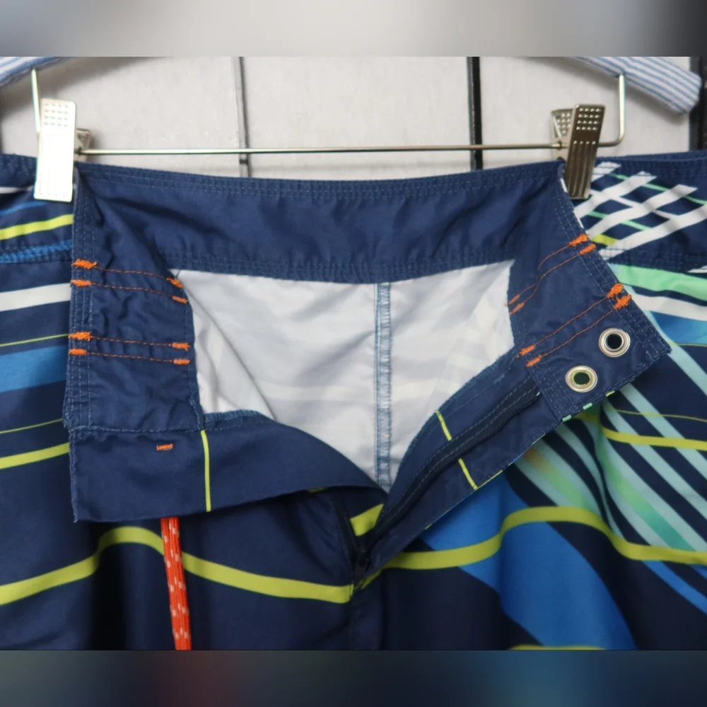 Tommy Bahama Navy and Lime Striped Board Shorts Size 34